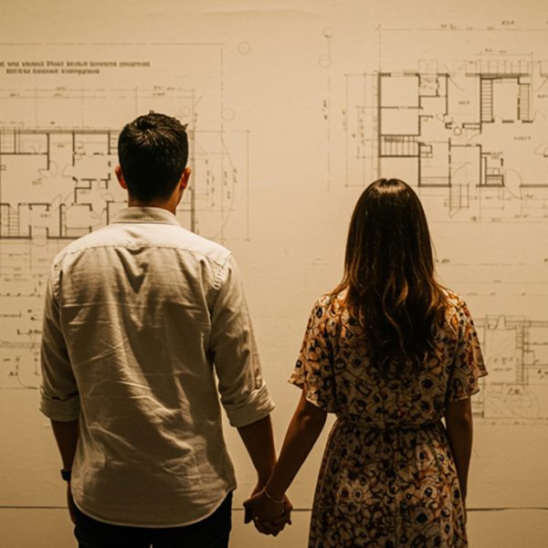 Construction plans with helmet and drawing tools on blueprints